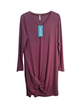 NWT | Burgundy Long Sleeve V-Neck T-Shirt Dress Tunic Tie Knot Hem | Large